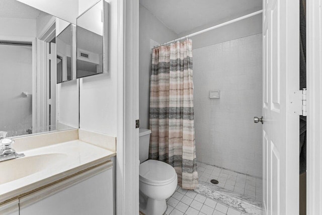 bathroom with walk in shower, tile patterned flooring, vanity, and toilet