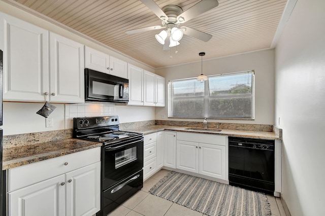 kitchen with white cabinets, sink, black appliances, ceiling fan, and tasteful backsplash