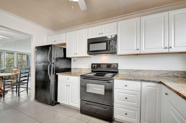 kitchen featuring black appliances, ceiling fan, light stone countertops, and white cabinets