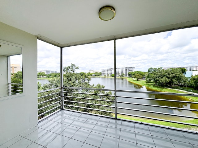 interior space featuring a water view