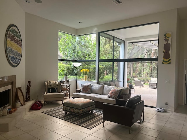 living room with light tile patterned floors