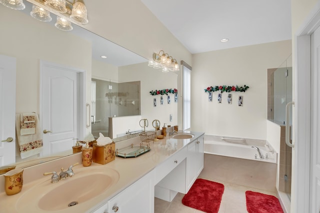 bathroom with vanity, separate shower and tub, and tile patterned flooring