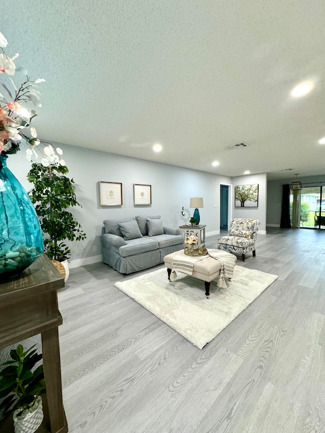 living room featuring a textured ceiling and light hardwood / wood-style flooring