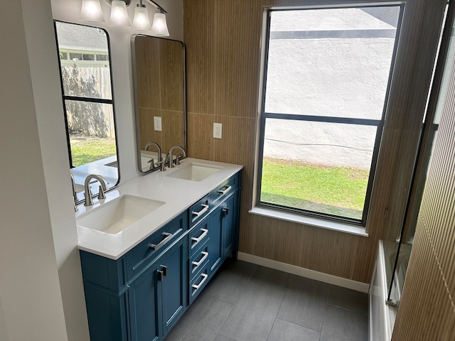 bathroom with vanity and wooden walls