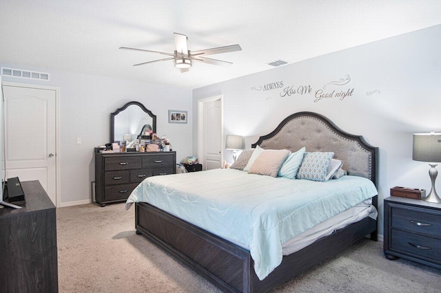 carpeted bedroom with ceiling fan