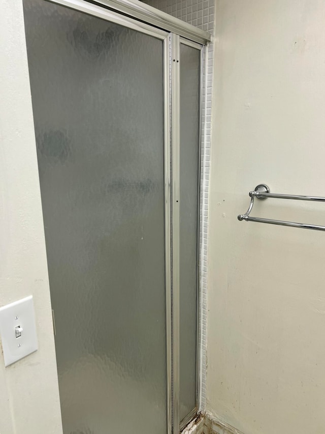 bathroom featuring a shower with shower door