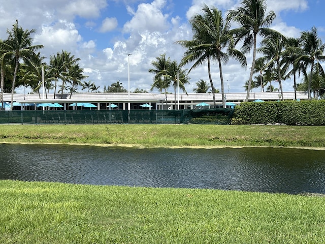 view of water feature featuring fence