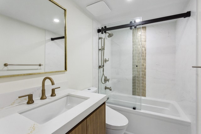 full bathroom with vanity, toilet, and enclosed tub / shower combo