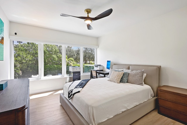 bedroom featuring ceiling fan and light wood-type flooring