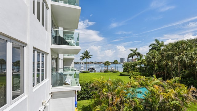 view of yard with a water view