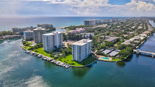 drone / aerial view featuring a water view