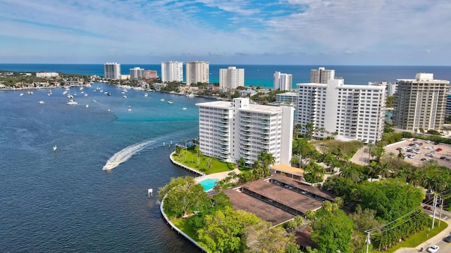 drone / aerial view with a water view