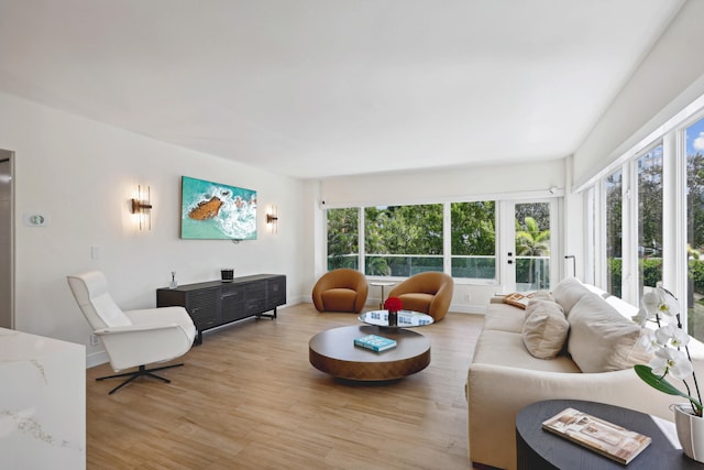 living room featuring french doors, light hardwood / wood-style floors, and plenty of natural light