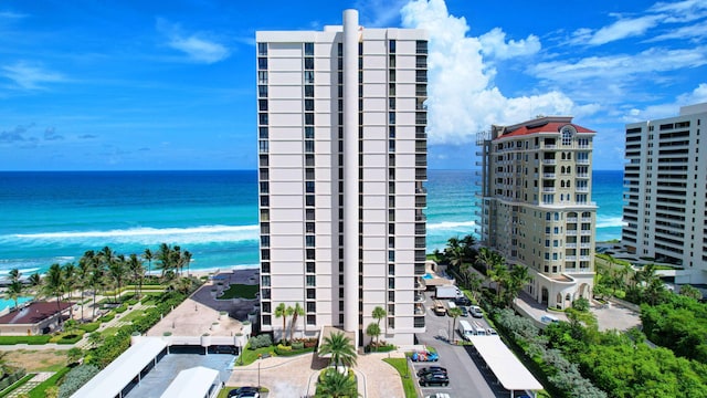 view of building exterior with a water view