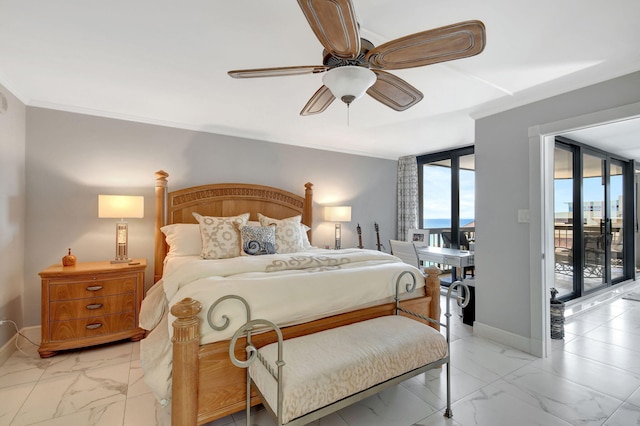 bedroom with ceiling fan, crown molding, and access to outside