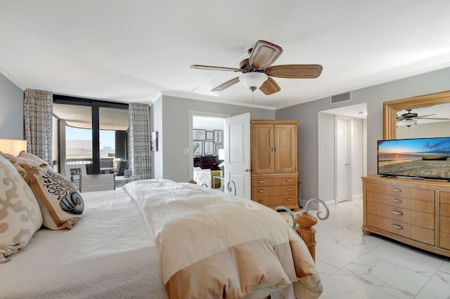 bedroom featuring crown molding, ceiling fan, and access to outside