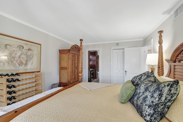 bedroom featuring a closet and ornamental molding