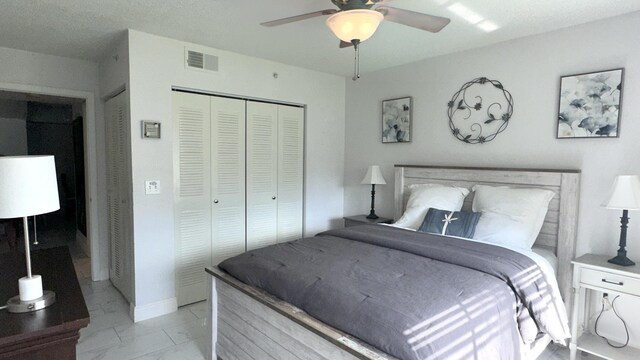 bedroom featuring ceiling fan and a closet