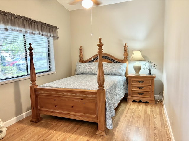 bedroom featuring ceiling fan and light wood-type flooring