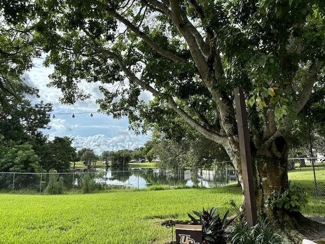 exterior space with a water view and a lawn