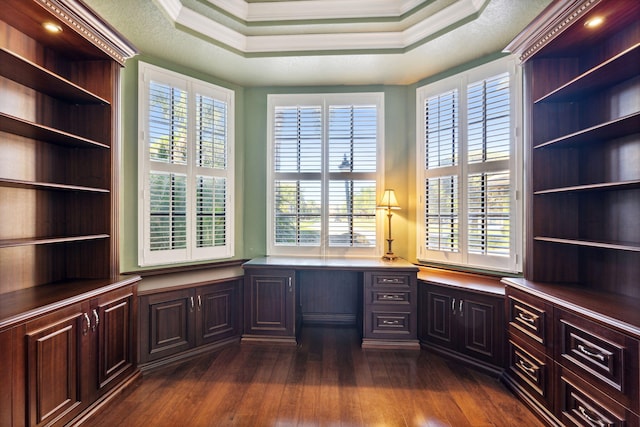 unfurnished office featuring a raised ceiling, dark hardwood / wood-style flooring, crown molding, and a healthy amount of sunlight