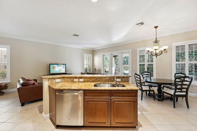 kitchen featuring an inviting chandelier, dishwasher, crown molding, hanging light fixtures, and sink