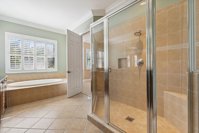 bathroom with separate shower and tub, crown molding, and tile patterned flooring