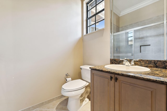 bathroom featuring toilet, walk in shower, tile patterned floors, ornamental molding, and vanity