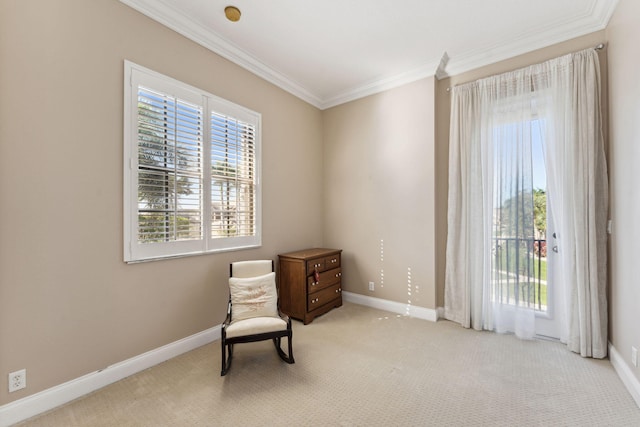 living area with light carpet, crown molding, and plenty of natural light