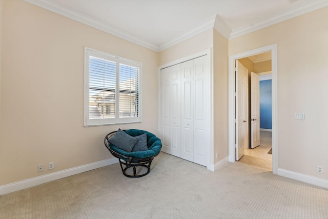 living area featuring light carpet and ornamental molding