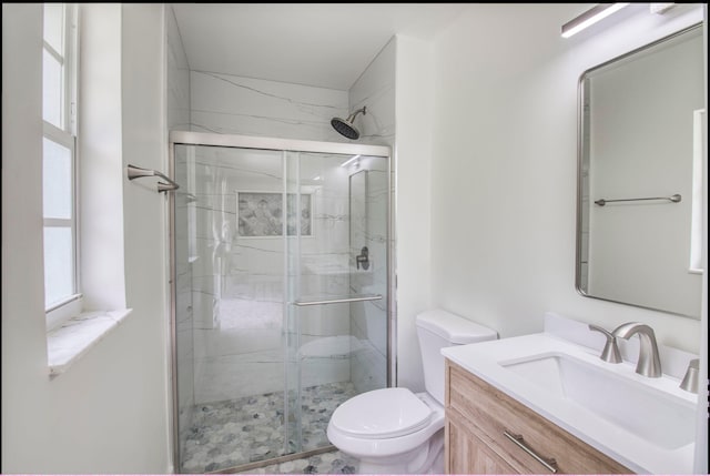 bathroom with vanity, toilet, and a shower with door