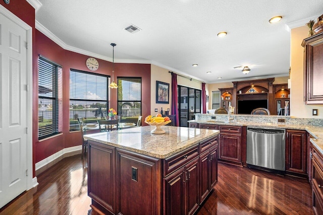 kitchen featuring pendant lighting, dishwasher, dark hardwood / wood-style flooring, and crown molding