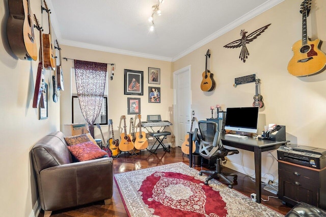 office area with ornamental molding and dark hardwood / wood-style flooring