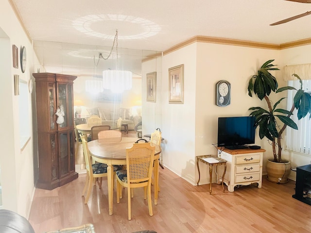 dining room featuring ceiling fan with notable chandelier, light hardwood / wood-style floors, and crown molding