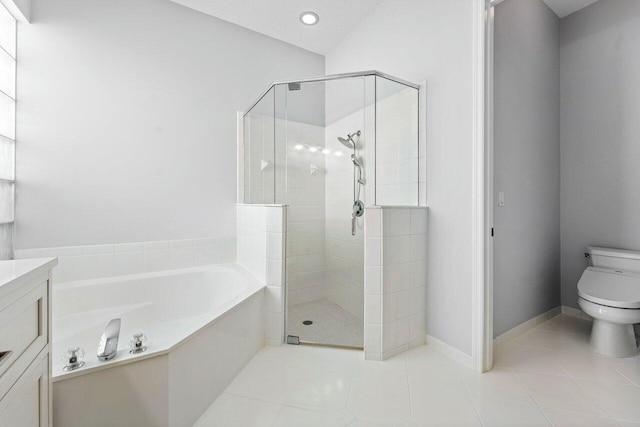 full bathroom featuring vanity, plus walk in shower, tile patterned flooring, toilet, and lofted ceiling