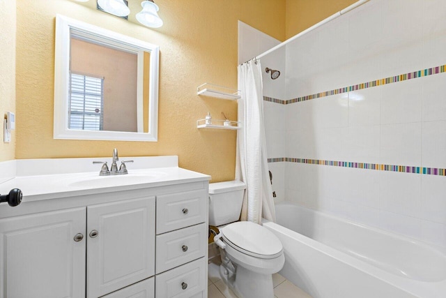 full bathroom featuring shower / bath combination with curtain, vanity, and toilet