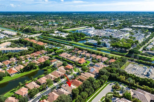 drone / aerial view featuring a water view