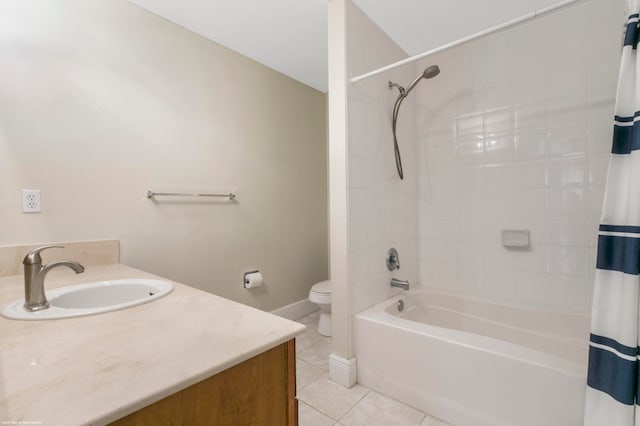 full bathroom with shower / bath combination with curtain, tile patterned flooring, vanity, and toilet