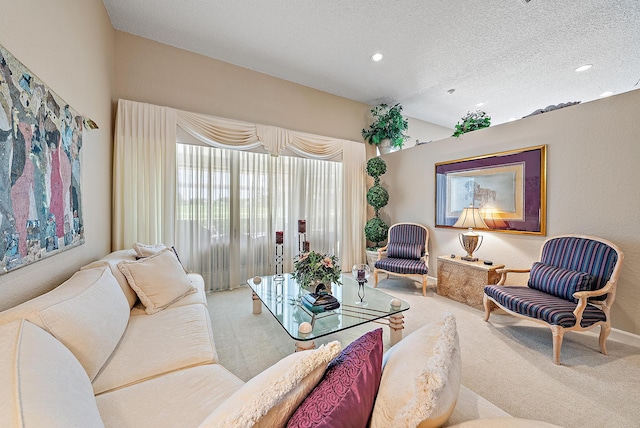 living room with a textured ceiling and carpet