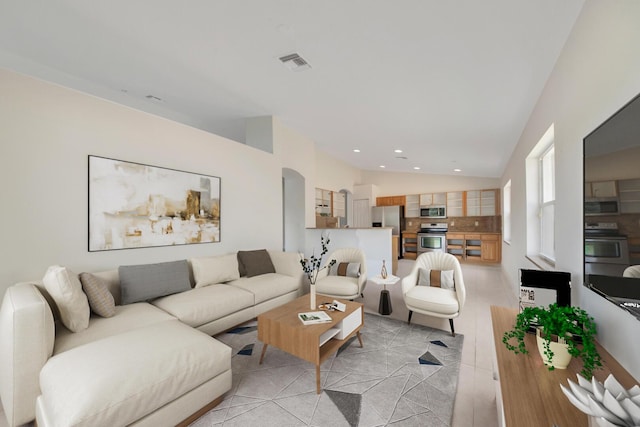 tiled living room featuring lofted ceiling