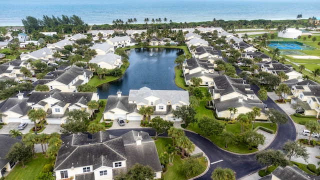 drone / aerial view featuring a water view