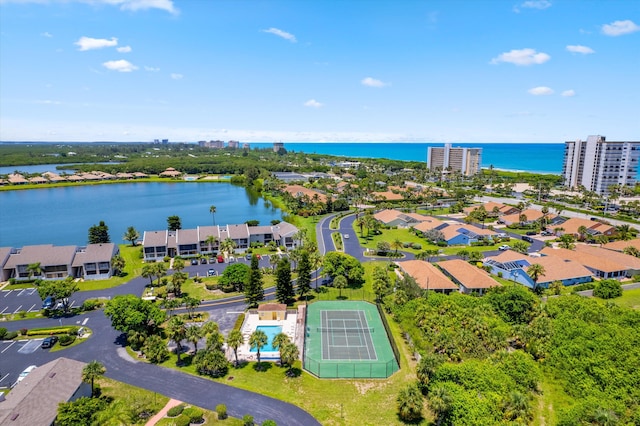 drone / aerial view featuring a water view