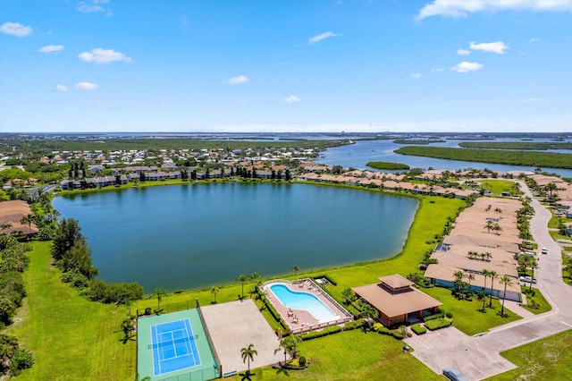 drone / aerial view featuring a water view