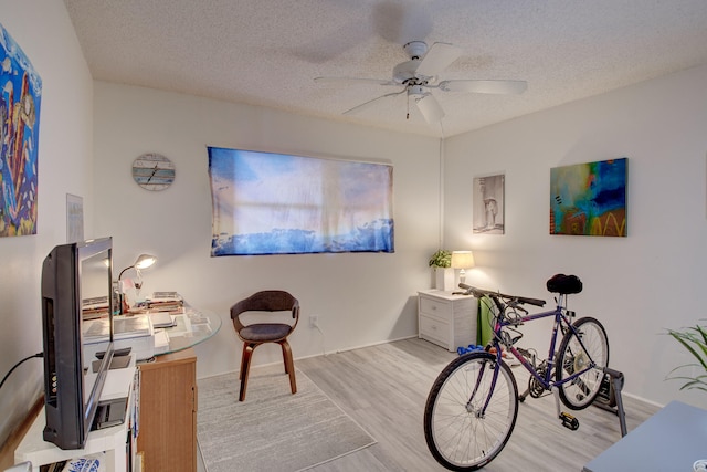 interior space featuring light hardwood / wood-style floors, ceiling fan, and a textured ceiling