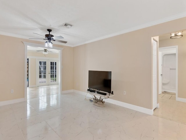 unfurnished living room with ornamental molding, ceiling fan, and french doors