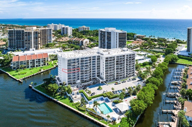 aerial view featuring a water view