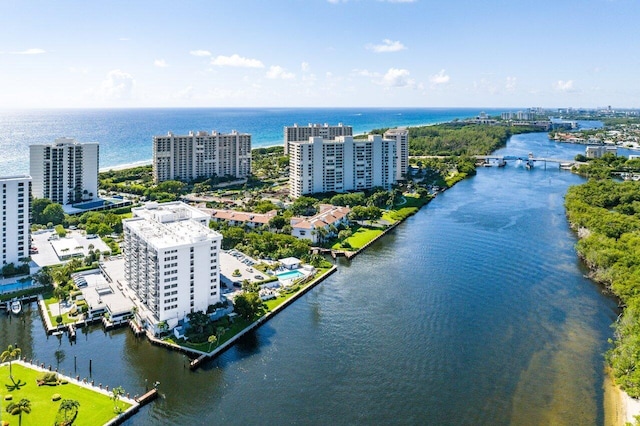 bird's eye view with a water view