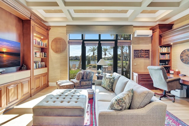 living room featuring coffered ceiling, beamed ceiling, light wood-type flooring, and a wall unit AC