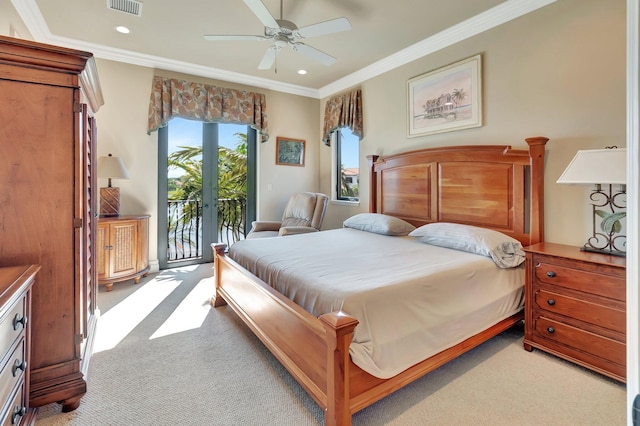 carpeted bedroom with ceiling fan, ornamental molding, french doors, and access to exterior