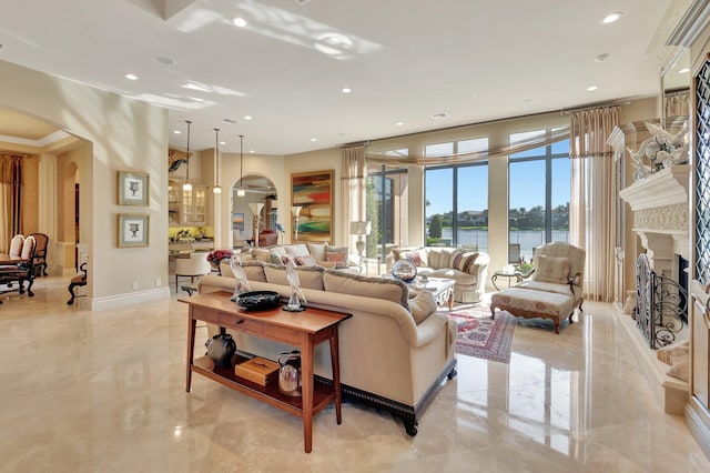 living room with a water view